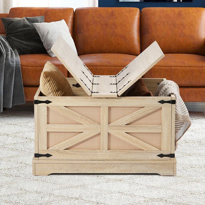 Modern Rattan Coffee Table with Retro Metal Hinges and Storage Shelf, Rectangle Shape