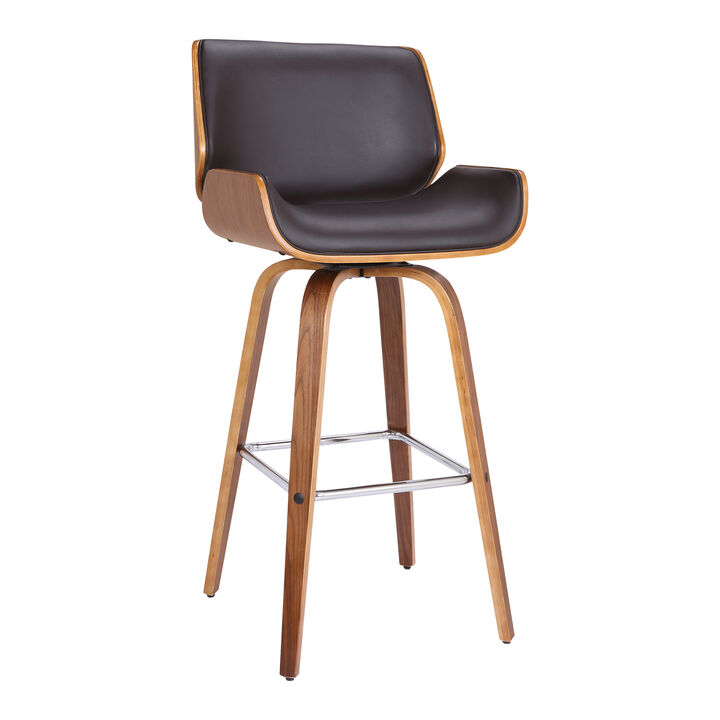 Tyler Bar Height Swivel Brown Faux Leather and Walnut Wood Bar Stool