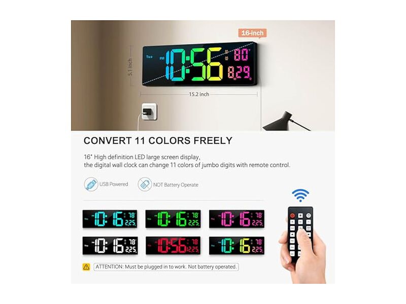 Digital RGB Colors Alarm Night Lights Wall Clock 16 Inch Glow In Dark image number 1