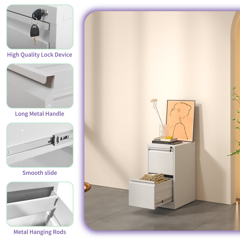 Mondawe Vertical Double Drawer Metal White Filing Cabinet With Lock For Storing A4 Sized Files