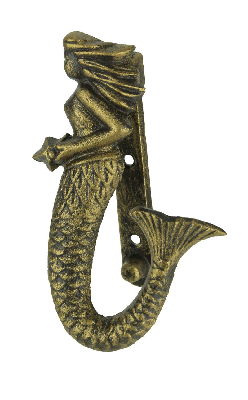 Antique Bronze Finish Cast Iron Coastal Mermaid Door Knocker Front Door Decor image number 0