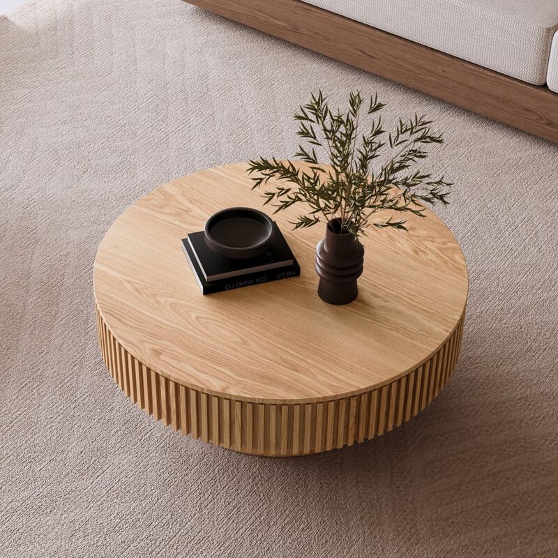 Round coffee table with storage Solid wood veneer and MDF coffee table with fluted base Modern accent coffee table for living room image number 4