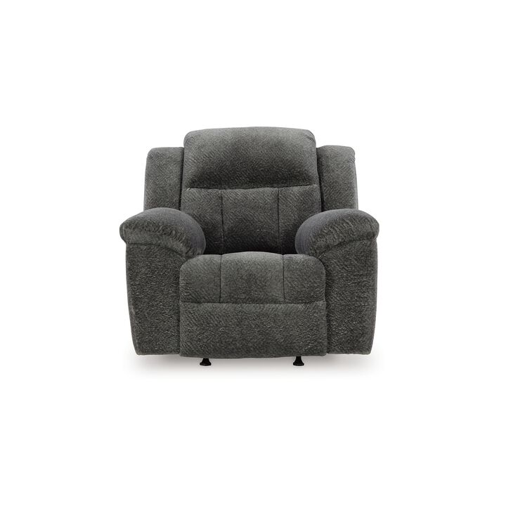 Briar Manual Rocker Recliner Chair, Dark Gray Polyester, Pillow Arms - Benzara