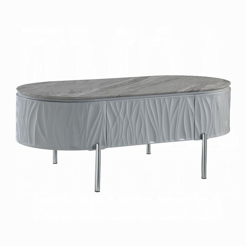 Doug Coffee Table, Gray High Gloss, Chrome Metal, Gray Wood, 47 Inch