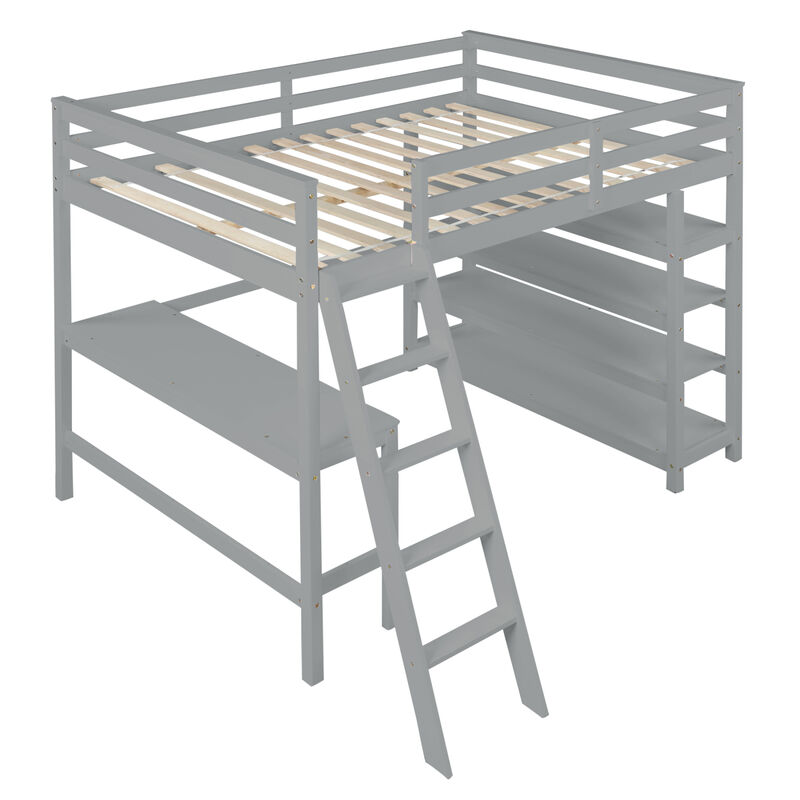 Loft Bed Full with desk,ladder,shelves, Gray