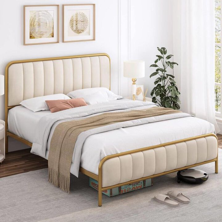 Hivvago Full size Gold Metal Platform Bed Frame with Off-White Upholstered Headboard