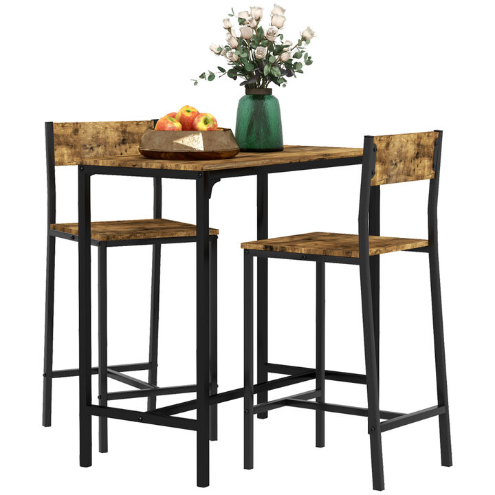 HOMCOM 3 Piece Bar Table and Chairs, Industrial Dining Table Set for 2, Counter Height Kitchen Table with Bar stools, Breakfast Table Set for 2 for Small Space, Rustic Brown