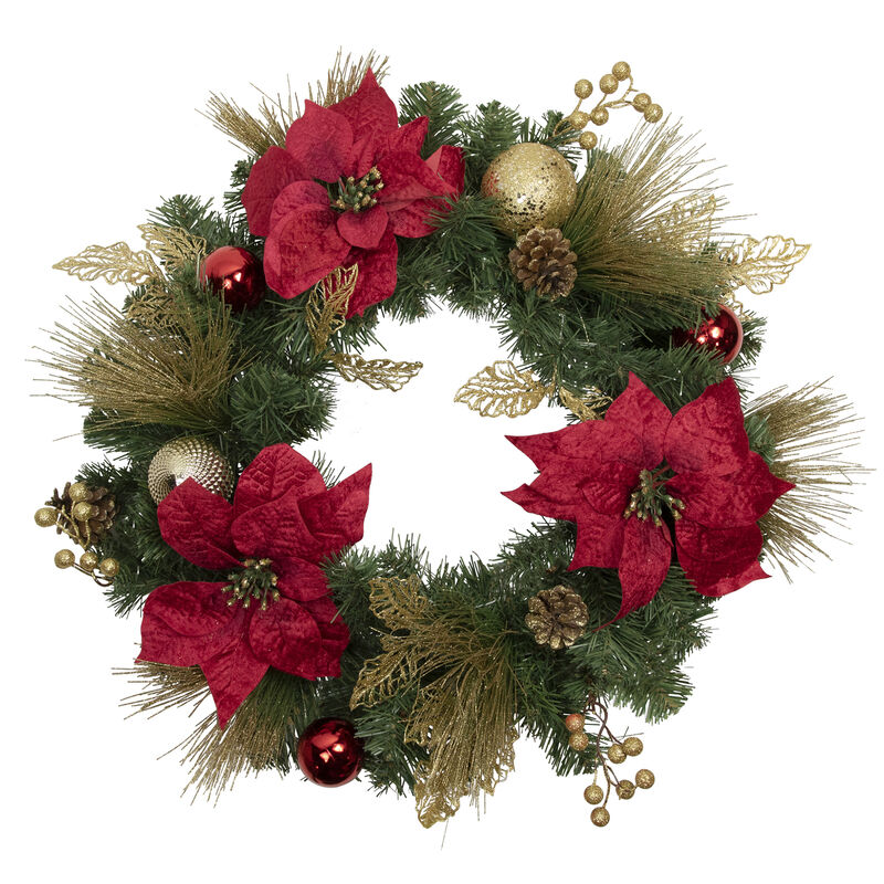 Poinsettias and Ball Ornaments Artificial Christmas Wreath - 24-Inch  Unlit