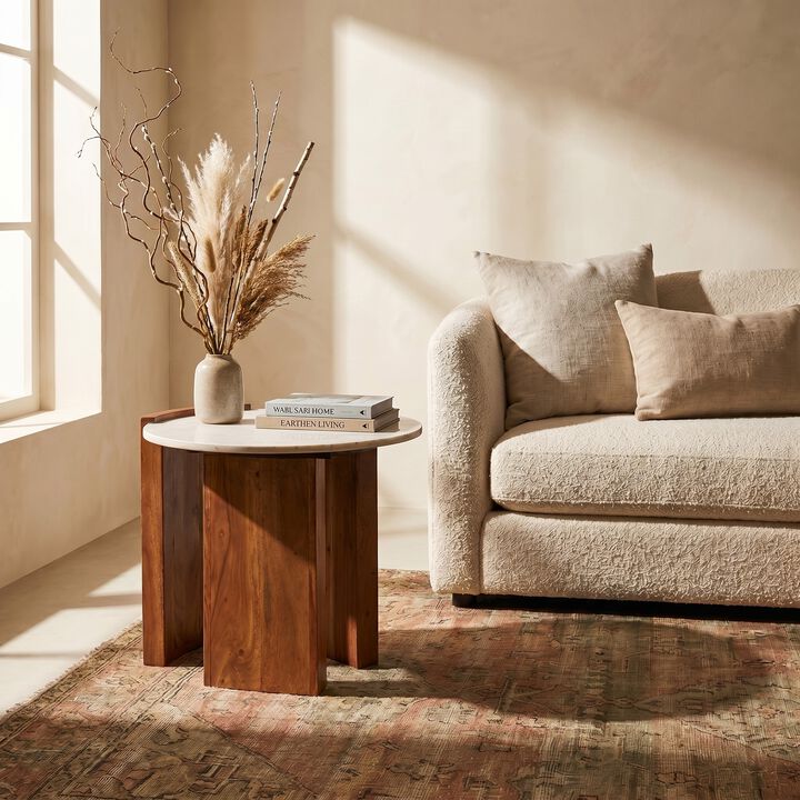 Rowena Interiors Round Marble and Mango Wood Semi-Enclosed Side Table in Natural Finish