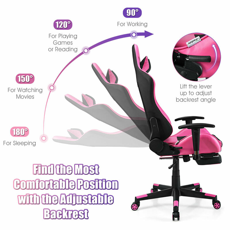 Costway Gaming Chair  Massage  Reclining  Racing Office Computer Chair with Footrest Pink