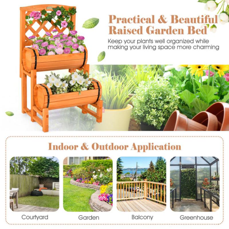 Hivvago Wooden 2-Tier Raised Garden Bed with 2 Cylindrical Planter Boxes and Trellis