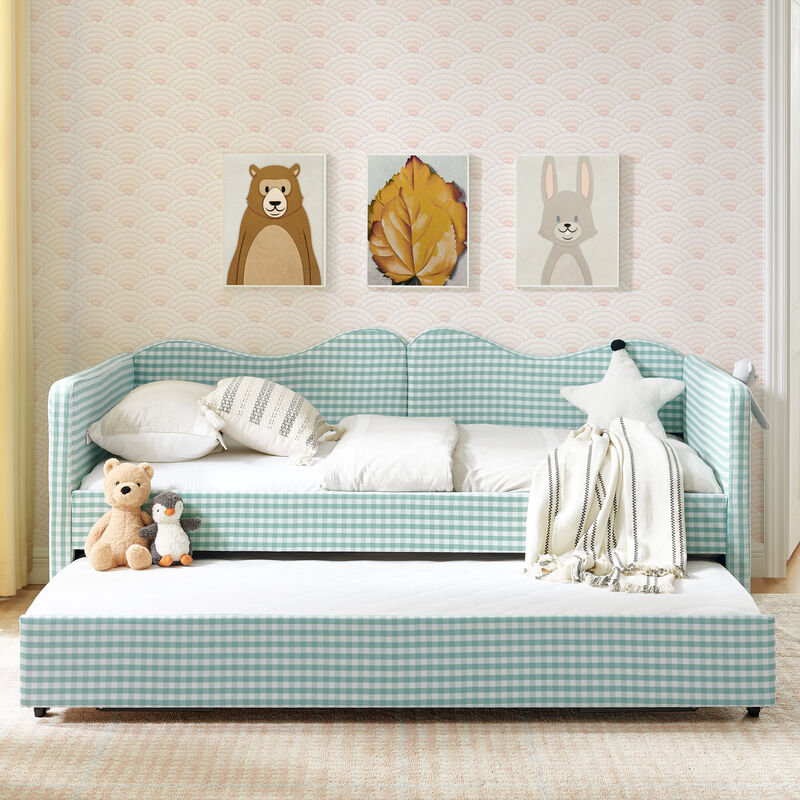 Merax Gingham Daybed with Trundle & Guardrails &ndash; Solid Wood Frame, Side Storage Pocket image number 4