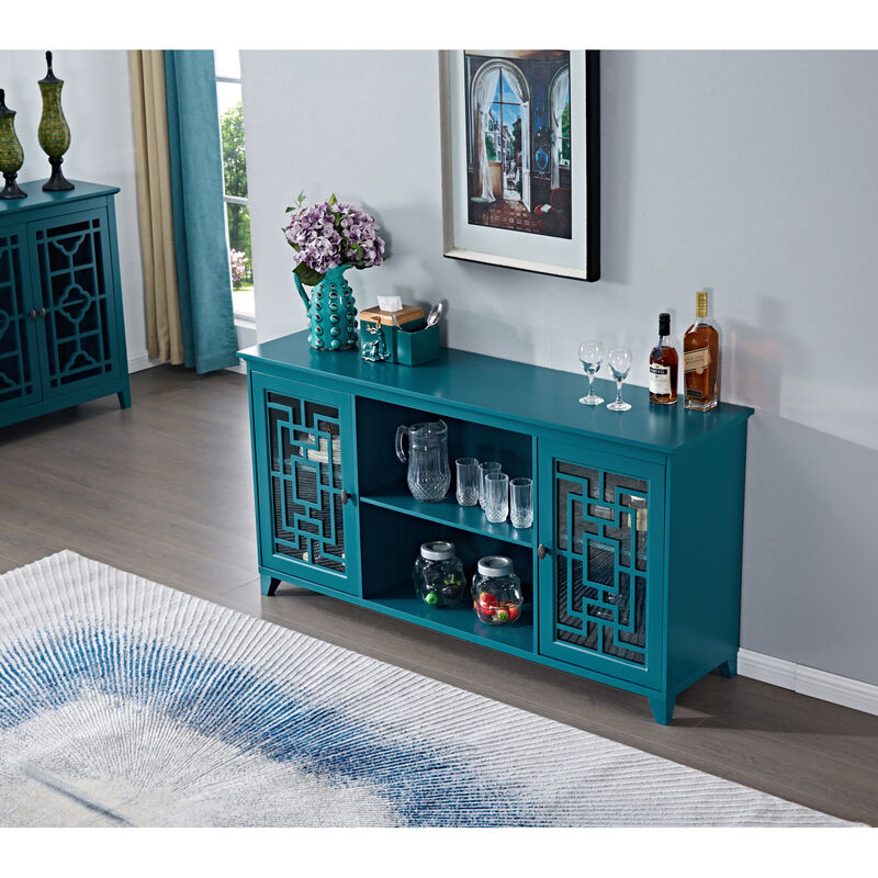 60" Sideboard Buffet Table with 2 Doors, Storage Cabinet with Adjustable Shelves, Teal Blue