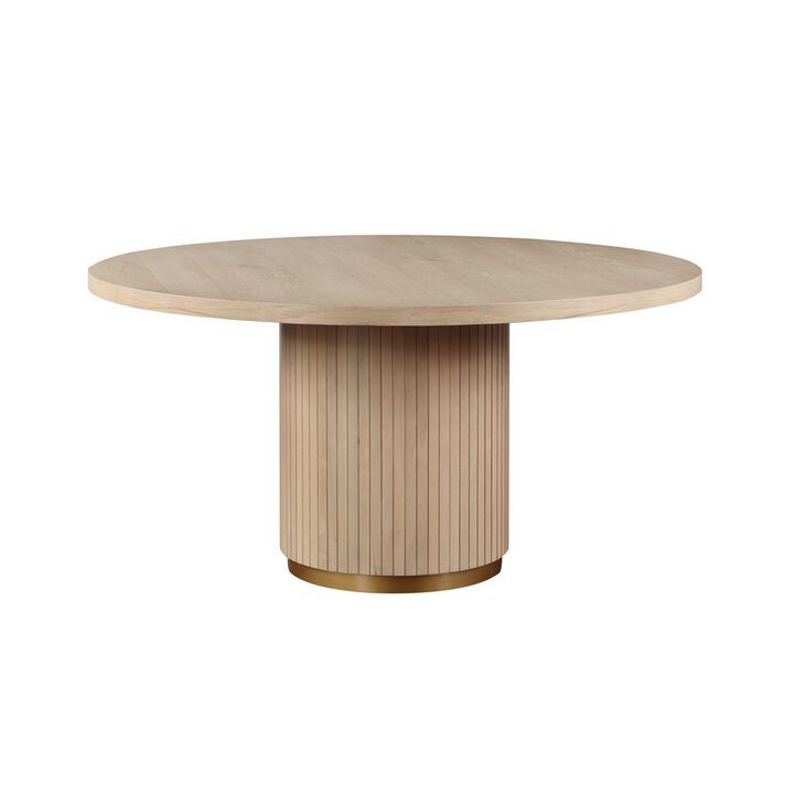 Emi 59 Inch Dining Table, Round Top and Pedestal Base, Rustic Brown, Gold