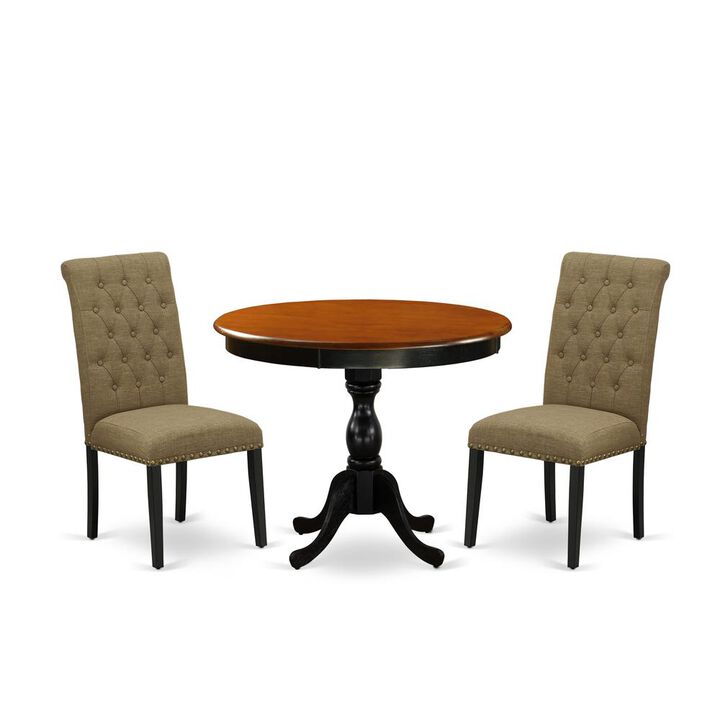 East West Furniture 3-Pc Modern Dining Set Includes a Wooden Dinner Table and 2 Light Sable Linen Fabric Upholstered Dining Chairs with Button Tufted Back - Black Finish