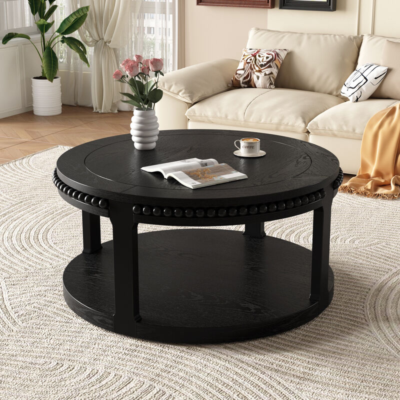 31.5" Rustic Solid Wood Round Coffee Table with 2-Tier Storage Shelf, Modern Farmhouse Accent Table for Living Room image number 2