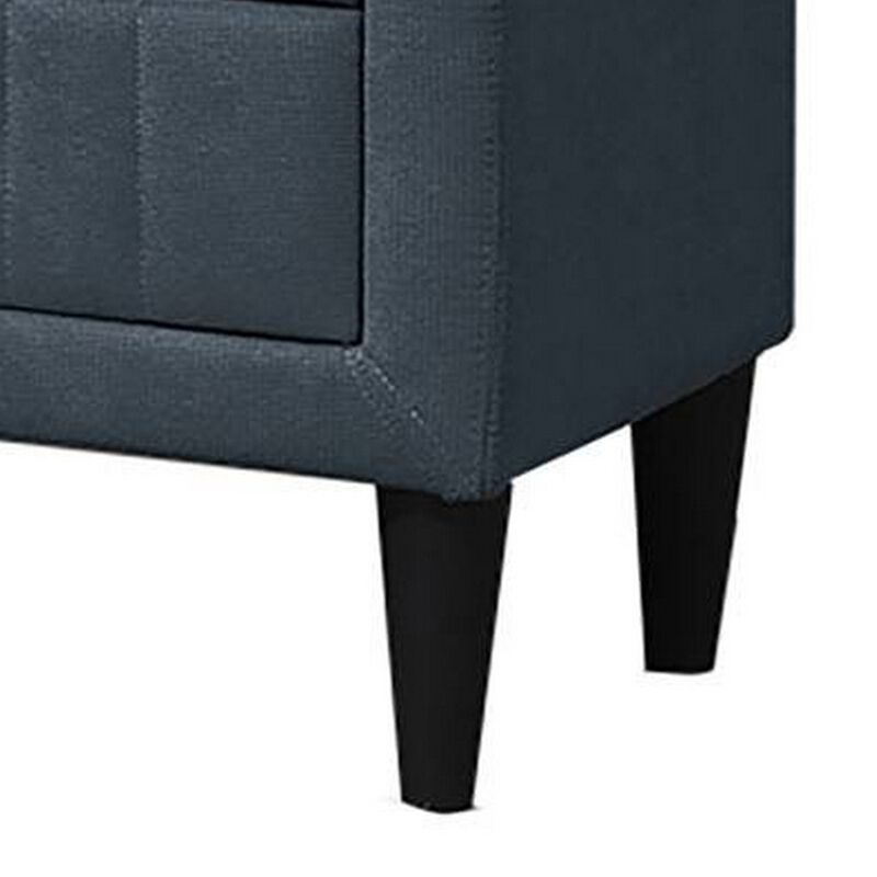 Rheo Nightstand, 2 Drawers, 22 Inch Upholstered in Charcoal Gray Linen - Benzara