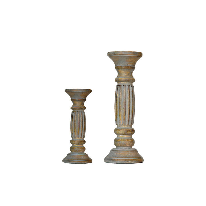 Traditional Gray Wash Eco-friendly Handmade Mango Wood Set Of Two 9" & 12" Pillar Candle Holder