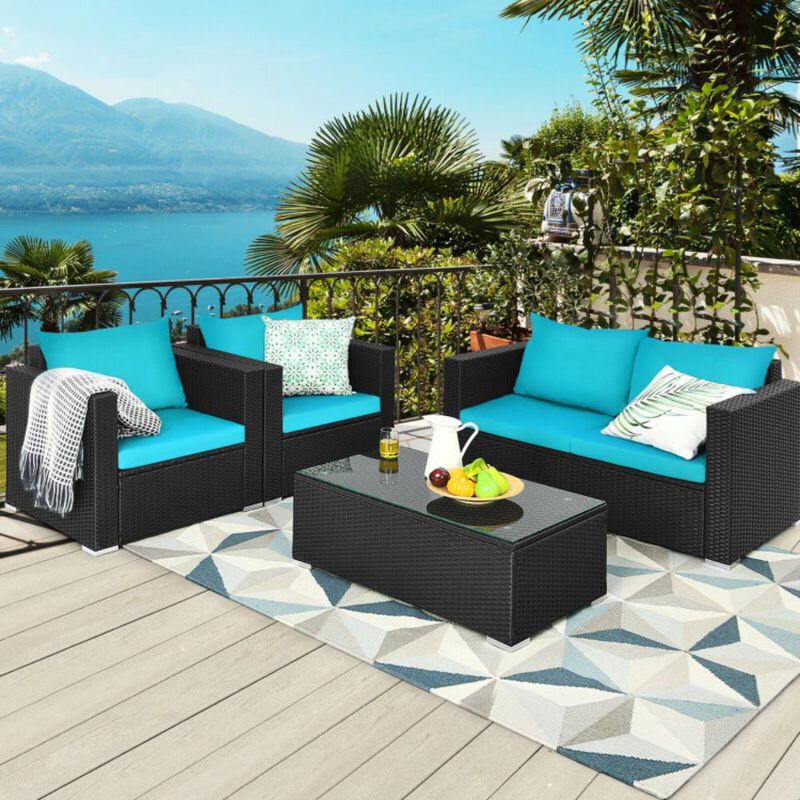 Hivvago 4 Pieces Patio Rattan Conversation Set with Padded Cushions