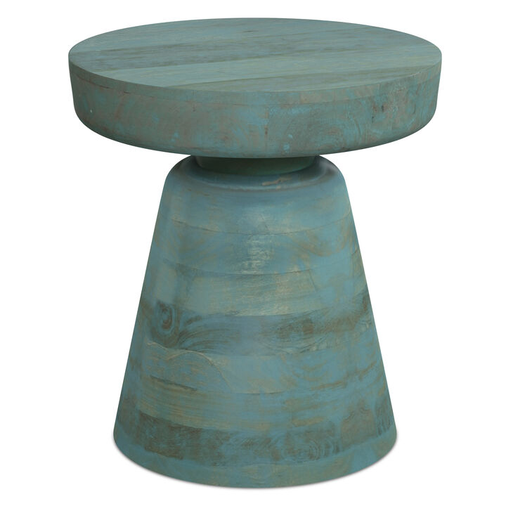 Robbie SOLID MANGO WOOD 16 inch Wide Round Boho Contemporary Rustic Accent Table in Teal Wash, Fully Assembled