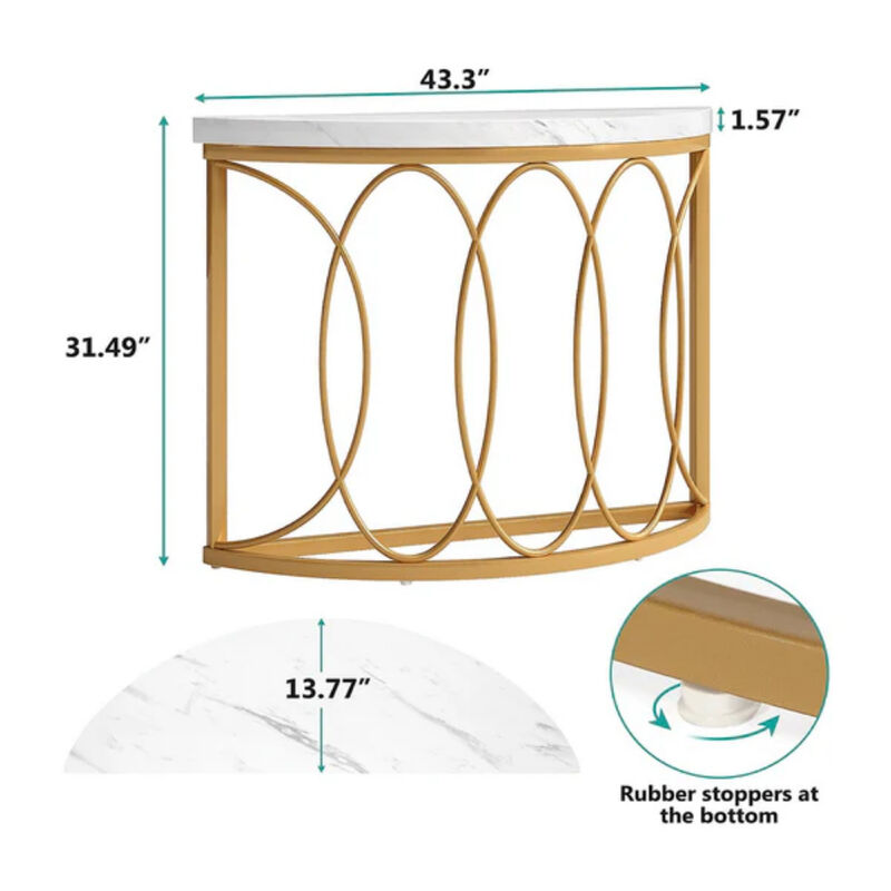 Half Moon Console Table with Faux Marble Top, Sofa Entryway Table-White image number 2
