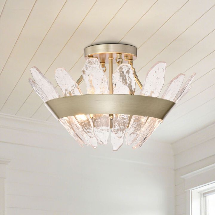 Rosina Brushed Silver-ish Champagne 3-Light 19.1" Modern Seeded Glass Panel Flush Mount Flush Mount