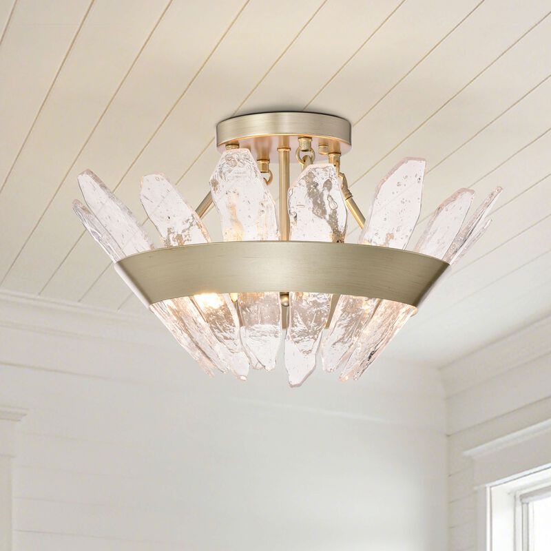 Rosina Brushed Silver-ish Champagne 3-Light 19.1" Modern Seeded Glass Panel Flush Mount Flush Mount image number 1