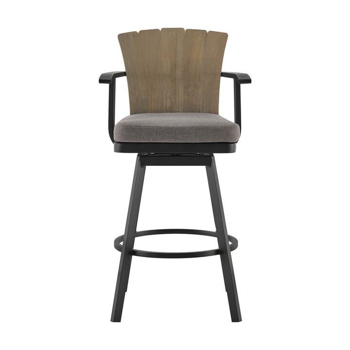 Luna 30 Inch Outdoor Swivel Barstool Chair, Rustic Teak Wood, Black - Benzara