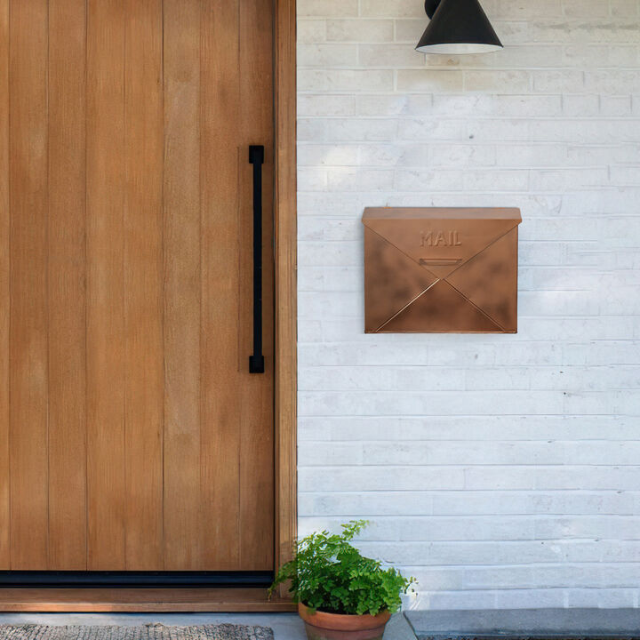 Envelope Shaped Wall Mount Metal Mail Box, Copper - Benzara