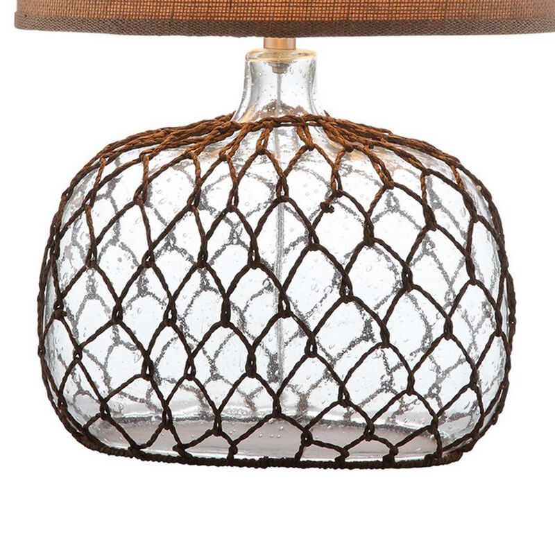 24 Inch Table Lamp with Netted Twine Base, Set of 2, Glass, Brown and Clear-Benzara