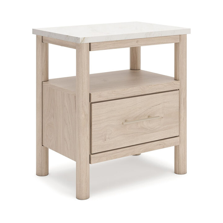 Mooran Nightstand, 1 Drawer w USB-C, Marble Finish Top, Brown Beige