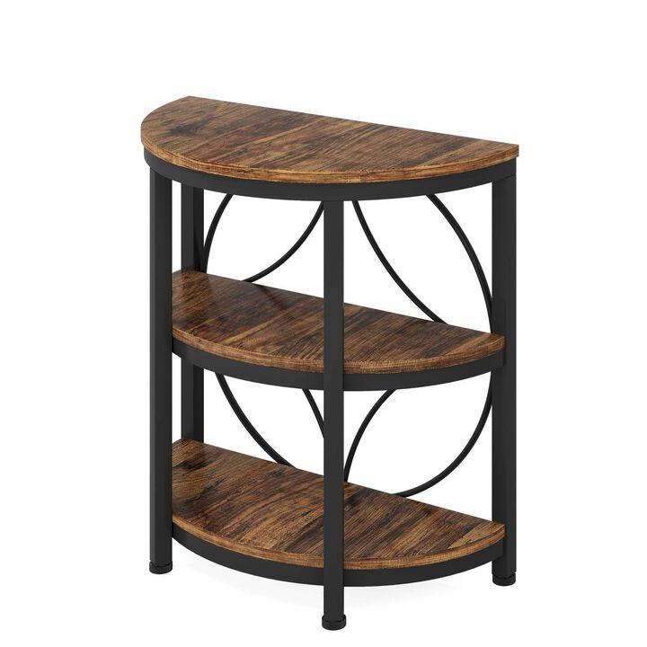 Tribesigns 3-Tier Half-Round End Table, Narrow Side Table with Metal Frame, Small Nightstand Bedside Table for Living Room and Bedroom, Brown and Black Sofa Table, Holds 198 lbs