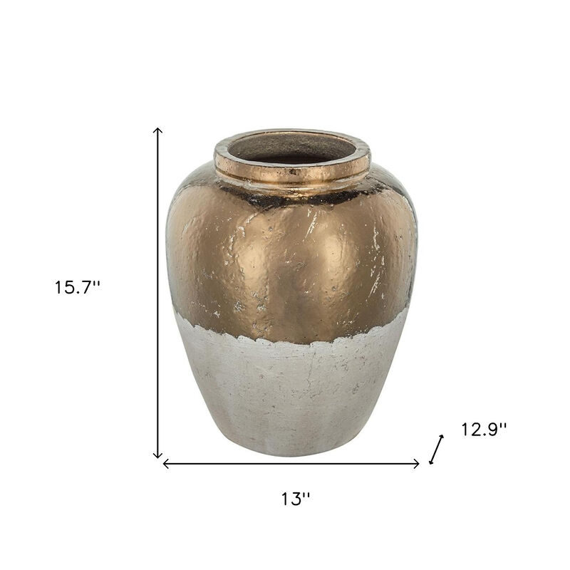 HomeRoots 16" Antiqued Bronze And Light Gray Color Block Ceramic Round Jug Vase image number 6