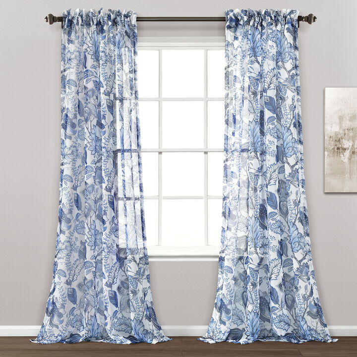 Cynthia Jacobean Sheer Window Curtain Panels Blue 52X84+2 Set