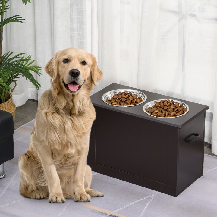 Raised Pet Feeding Storage Station with 2 Stainless Steel Bowls Base for Large Dogs and Other Large Pets, Dark Brown
