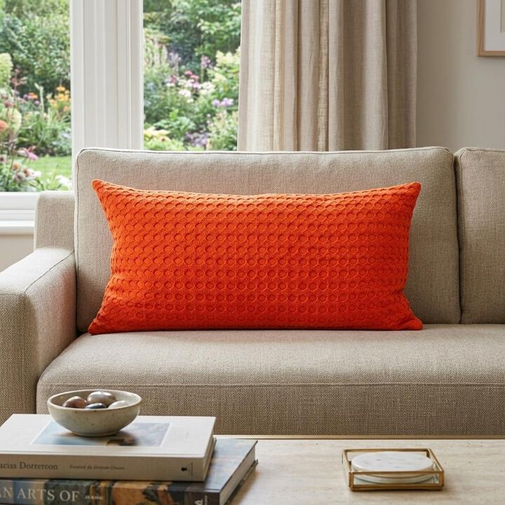 HomeRoots 14" X 26" Orange Cotton Lumbar Throw Pillow with Texture