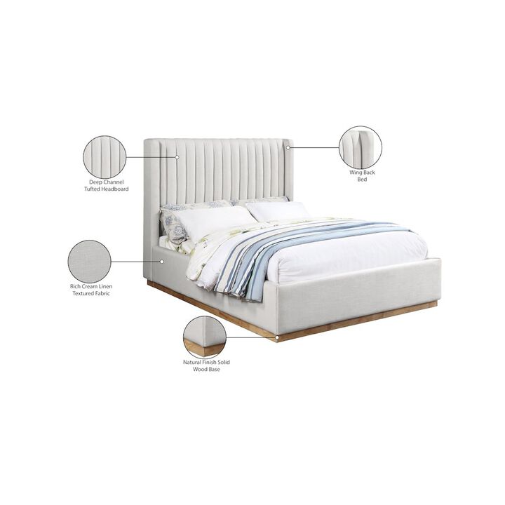 Meridian Furniture Logan Cream Linen Textured Fabric King Bed