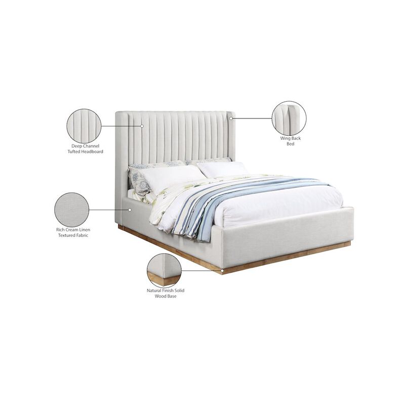 Meridian Furniture Logan Cream Linen Textured Fabric King Bed