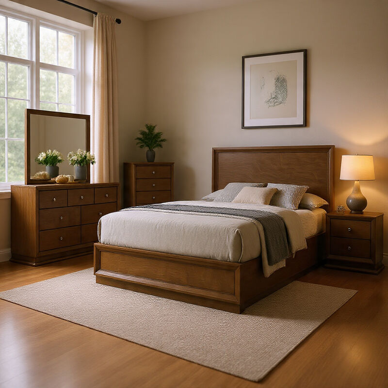 Rouk 5pc Queen Bedroom Set, Walnut Brown Wood, Bronze, Tall Dresser image number 1