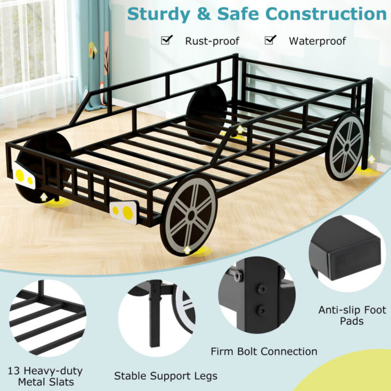 Car-Shaped Metal Bed Frame with Safety Guardrails, Fun Kids' Bed for Bedroom