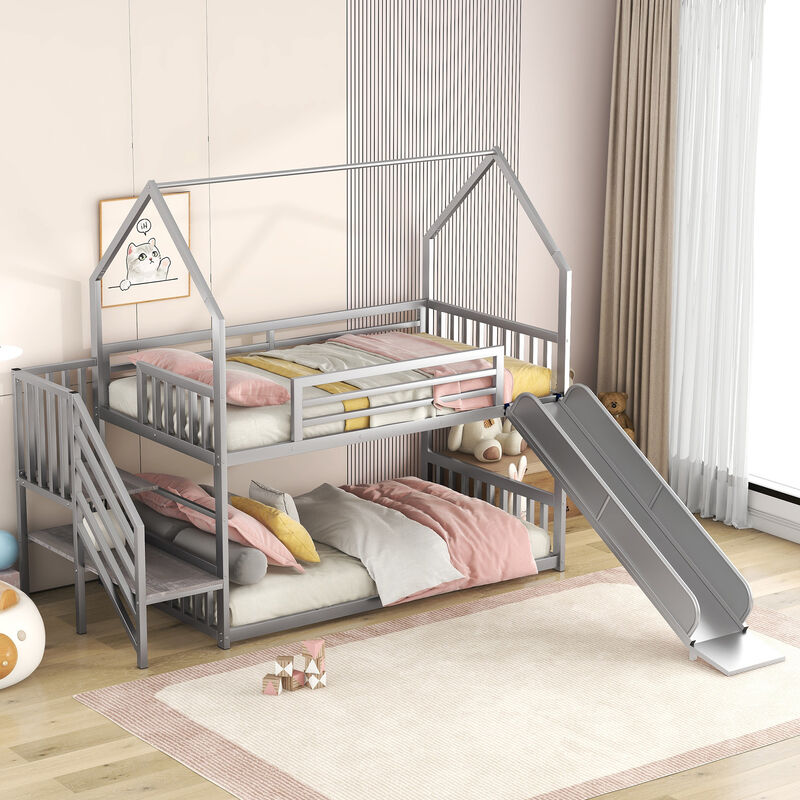 Whisen Twin Size House-shaped Metal Bunk Bed with Slide and Staircase - Black