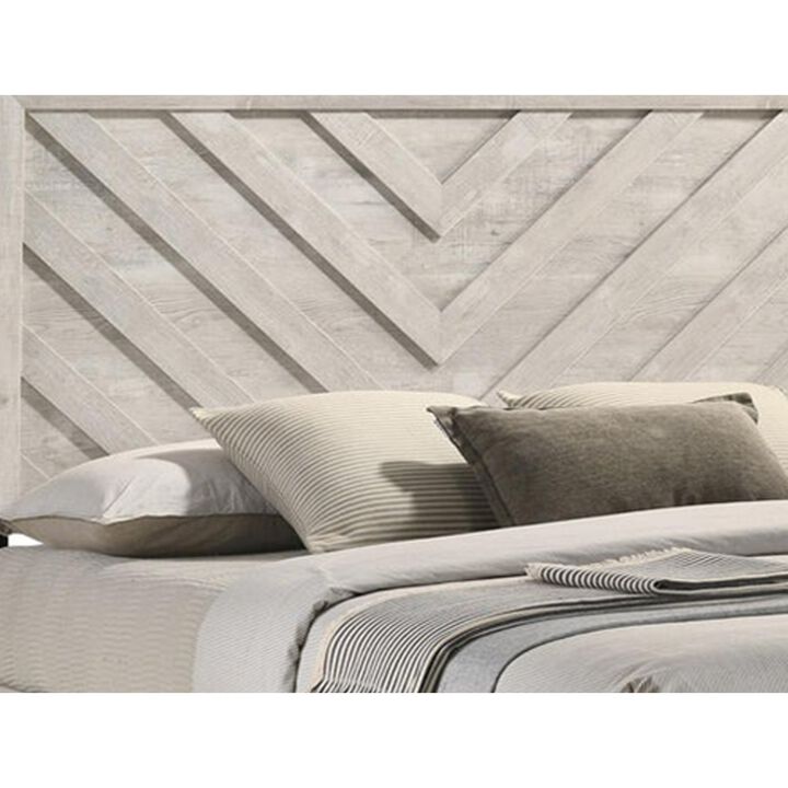 Velz Queen Size Bed w Chevron Patterned Headboard, Beige Wood Finish