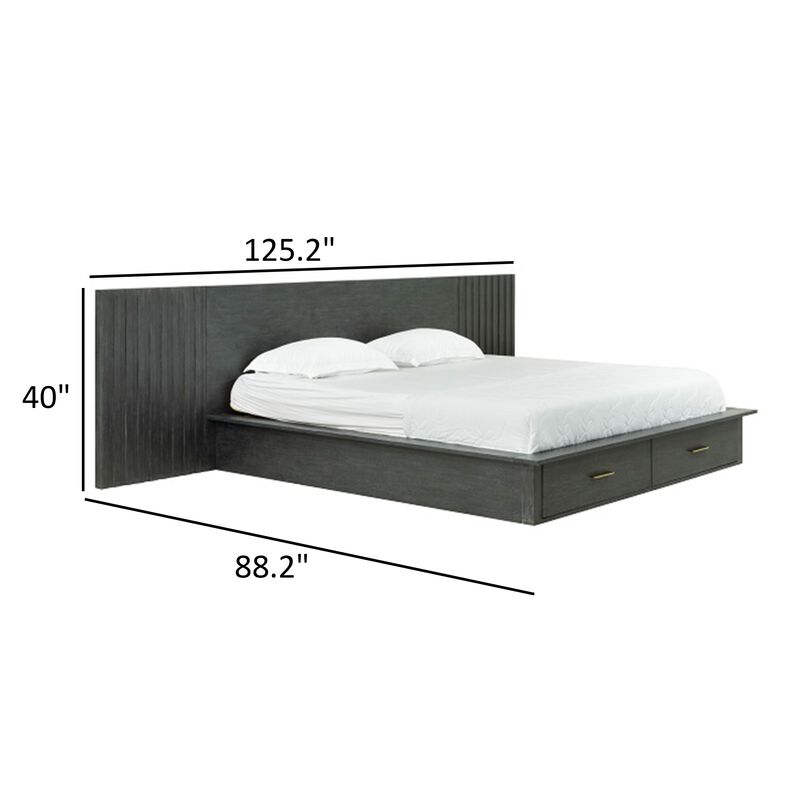 Cid Lime Queen Platform Bed, 2 Drawers, Wall Headboard, Dark Gray Finish - Benzara image number 4
