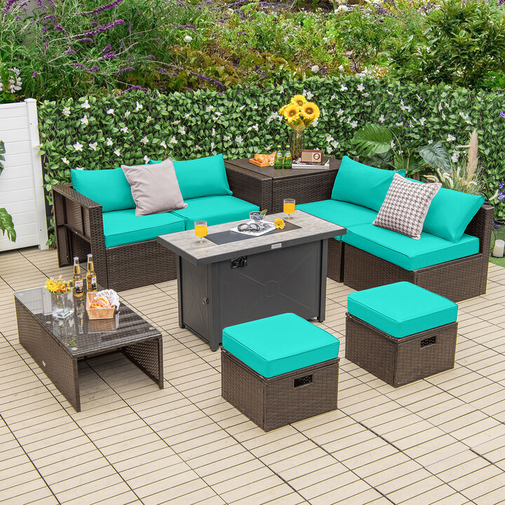 9-Piece Outdoor Patio Furniture Set with Cushions & Propane Fire Pit Table for Garden or Backyard
