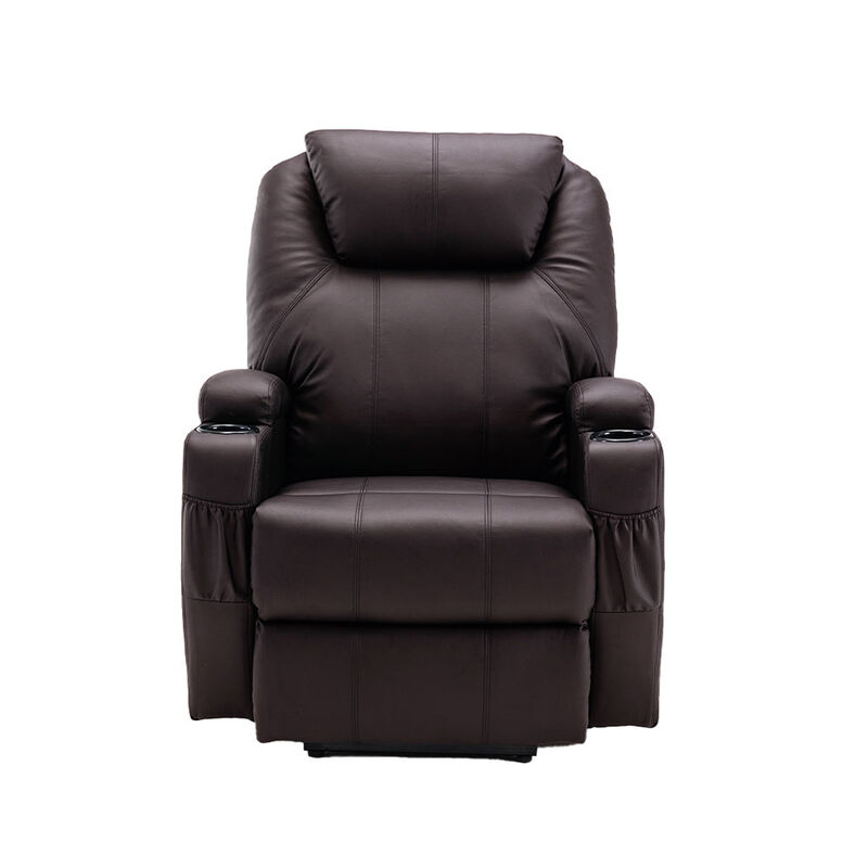 HomeRoots 33" Brown Faux Leather Power Heated Massage Lift Assist Recliner image number 0