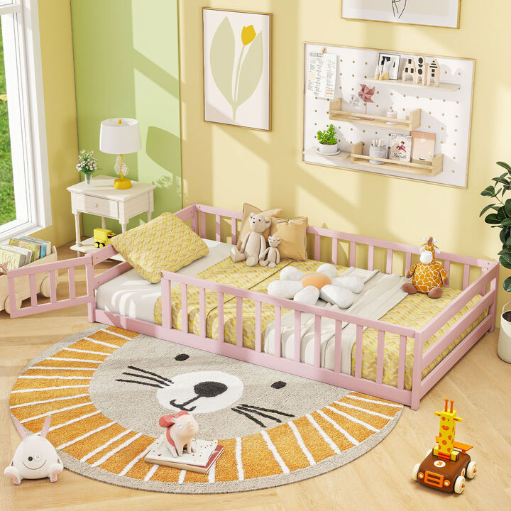Twin Size Wood Montessori Floor Bed for Kids with Safety Fence and Door