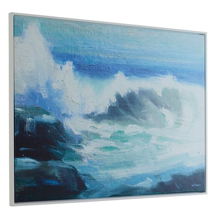 31 x 41 Handcrafted Wall Art, Crashing Waves on Framed Canvas, White, Blue - Benzara