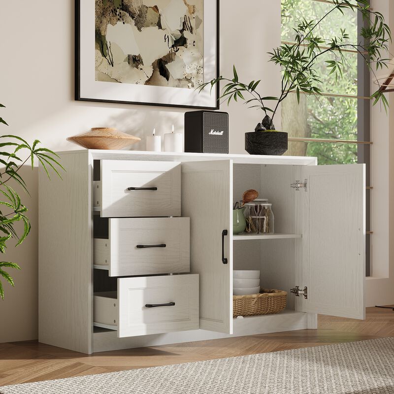 FUFU&GAGA 2-Door 3-Drawer Storage Cabinet with Black Metal Handles, Wood Grain Finish (47.2"W x 15.7"D x 30.7"H), White Oak