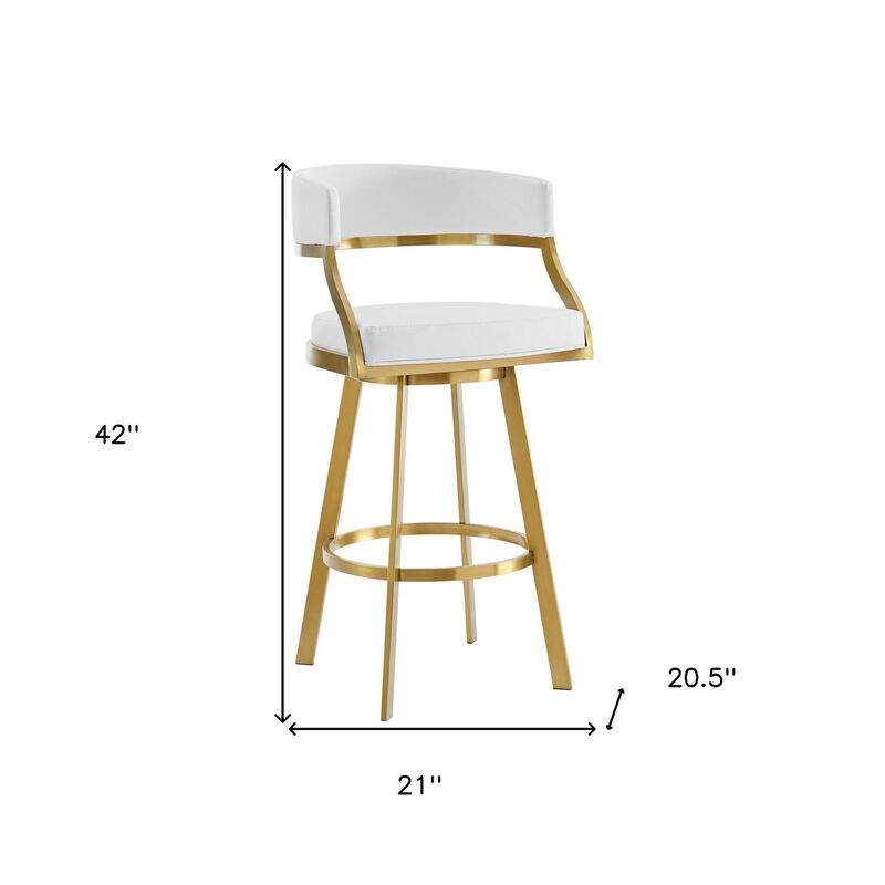 HomeRoots 30" White and Gold Faux Leather and Stainless Steel Low Back Bar Height Swivel Bar Chair image number 6
