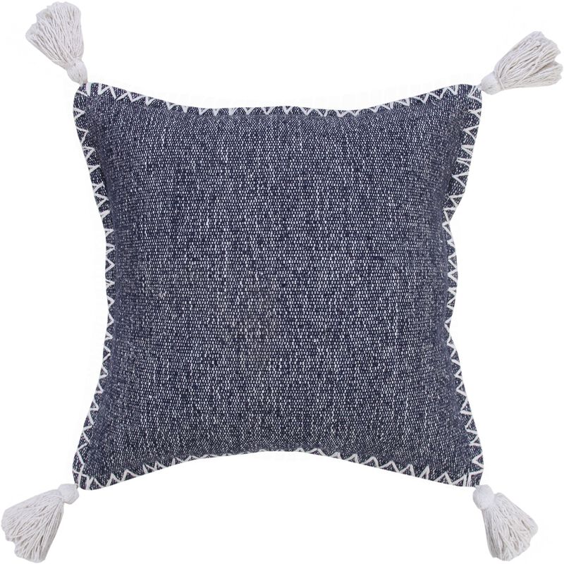 20" Blue and White Stonewash Embroidered Edge Square Throw Pillow with Tassels image number 1